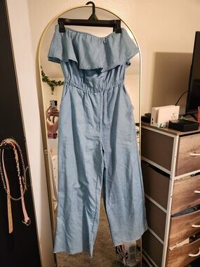 Light Blue Off-Shoulder Wide-Leg Jumpsuit with Ruffle Neckline